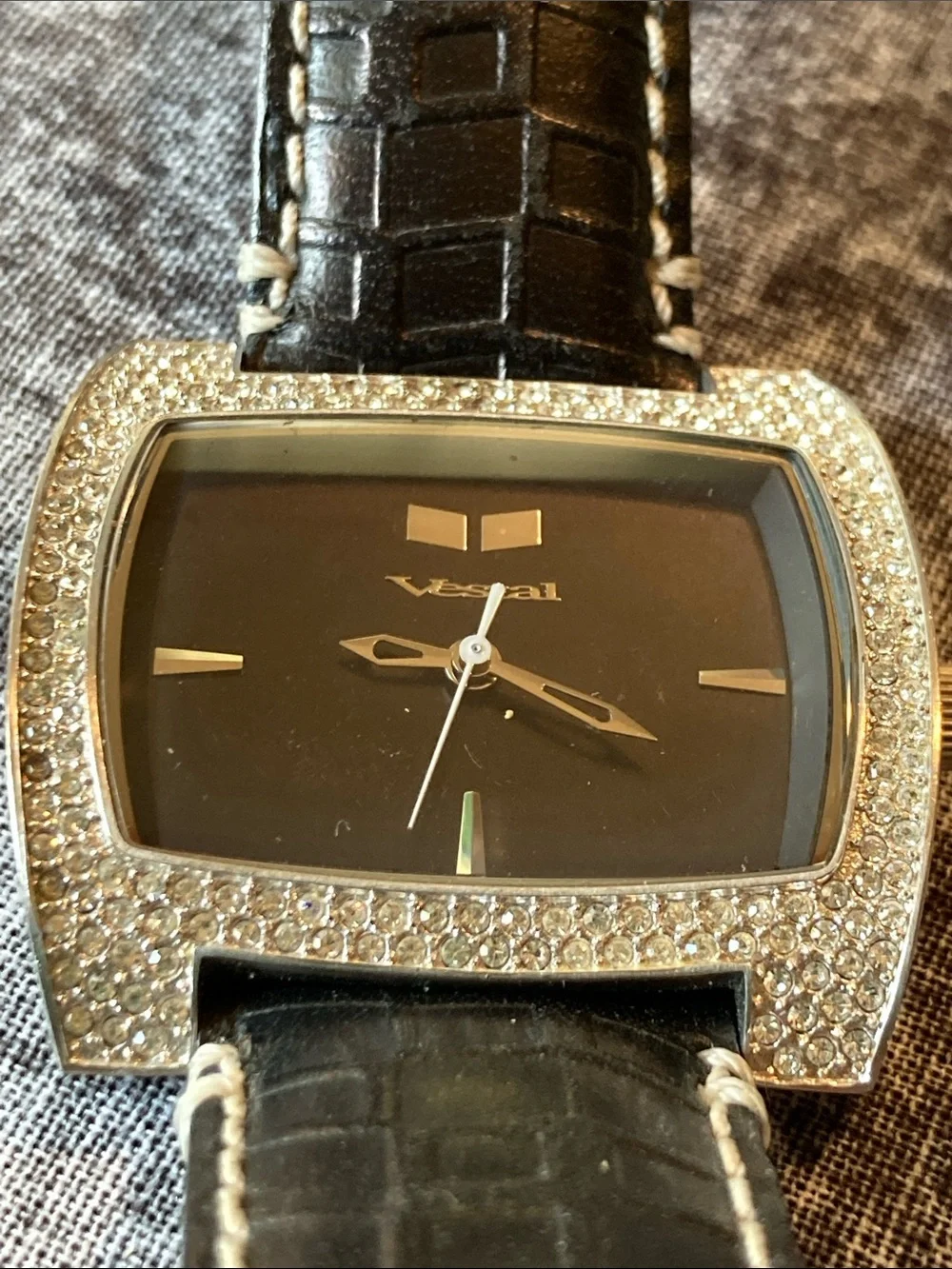 Toral Black Dial Watch with Crystal-Trimmed Silver Case - keeps perfect time